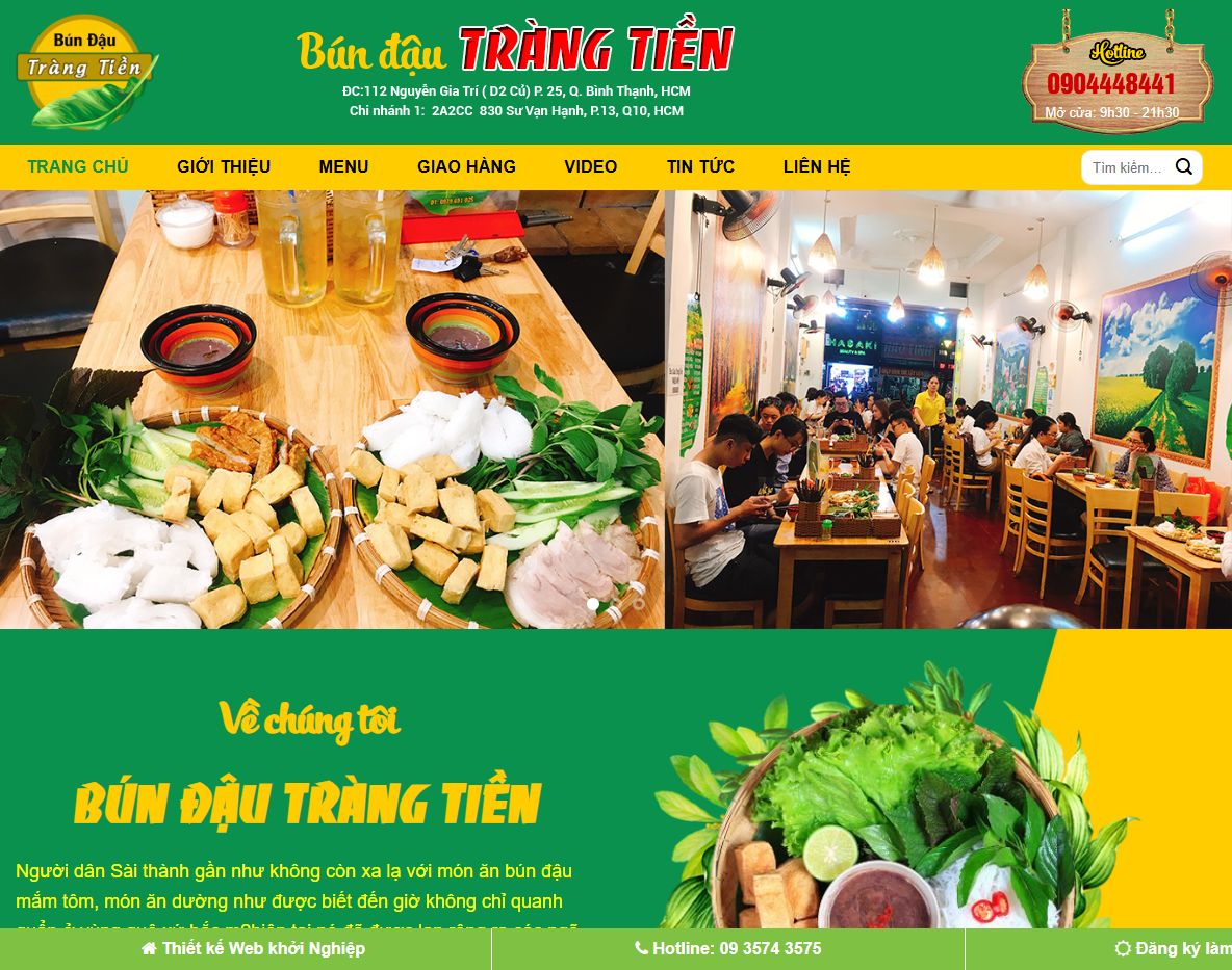 Giao diện trang chủ theme wordpress bán bún đậu