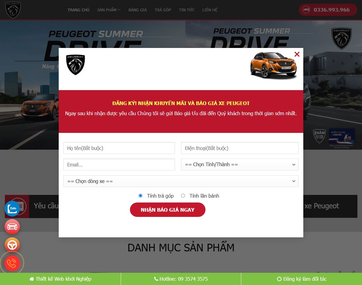 Giao diện Theme WordPress bán xe Peugeot