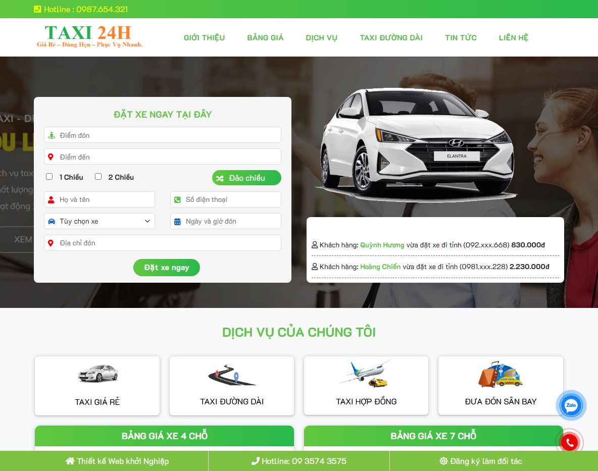 Giao diện theme wordpress dịch vụ taxi