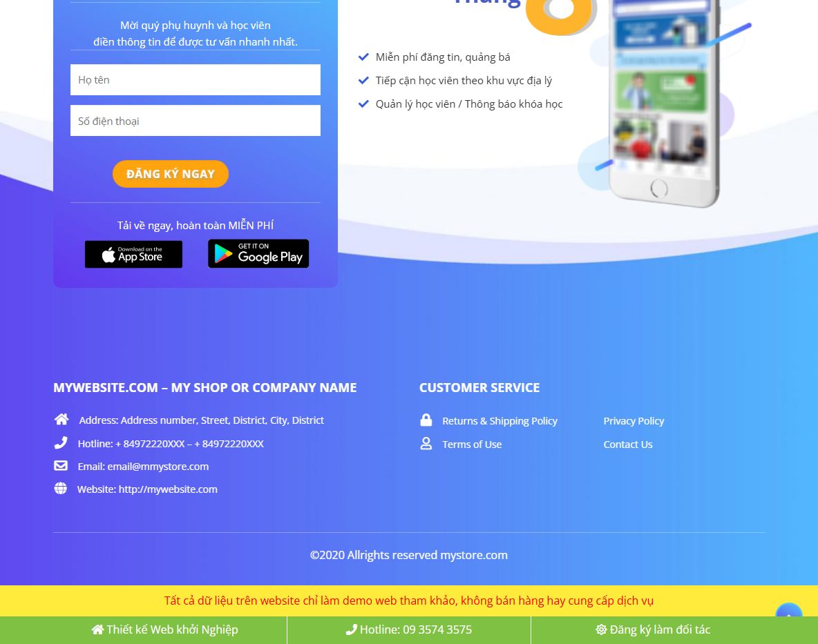 Tính năng tùy biến theme WordPress landing page app giáo dục