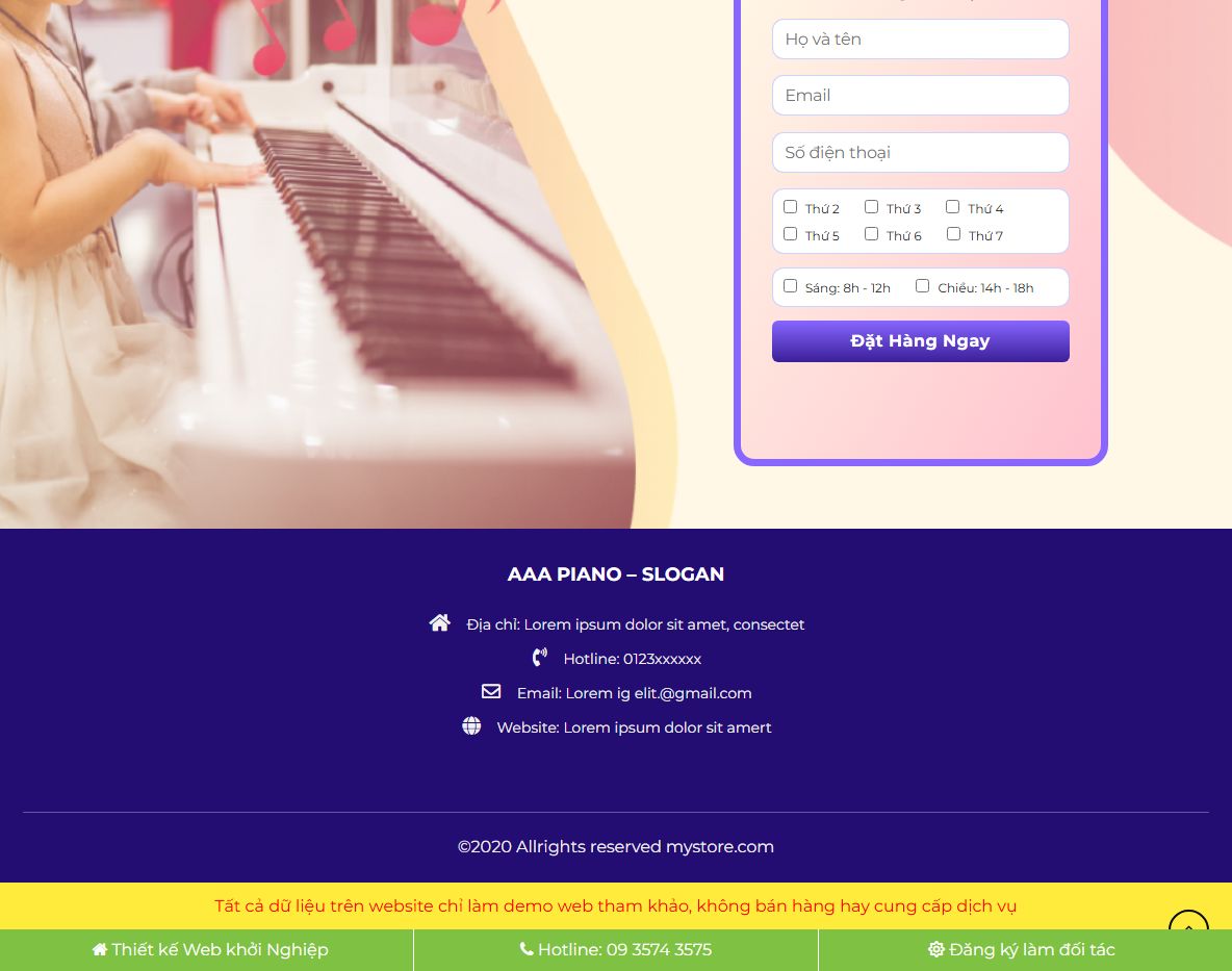 Giao diện mobile theme wordpress khóa học đàn piano